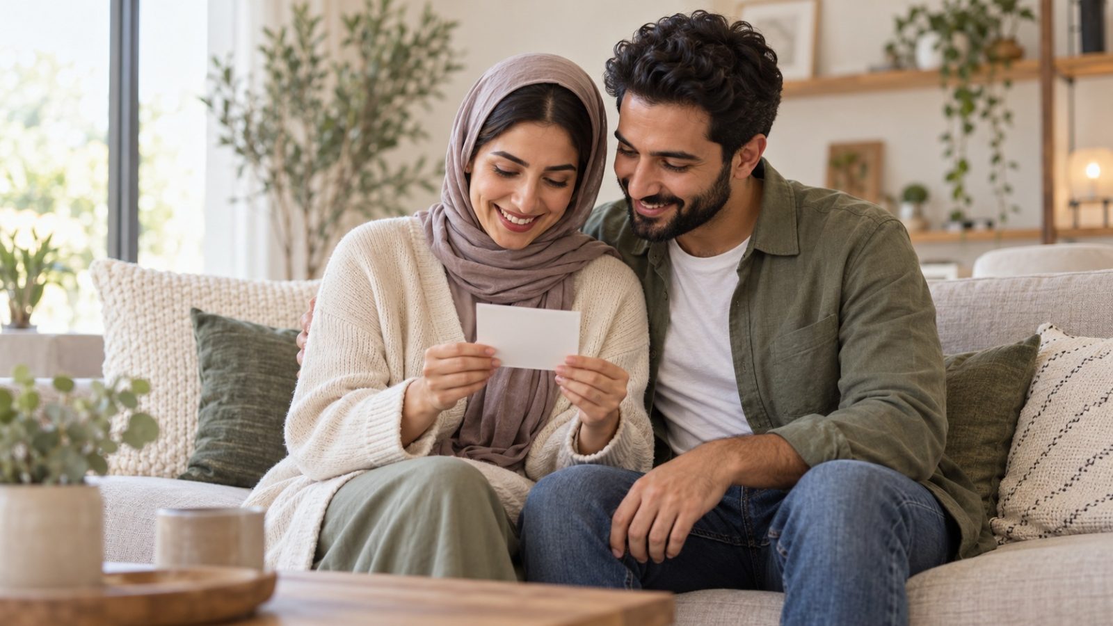 A couple on a sofa smiling at a small photo together, curious about the nub theory