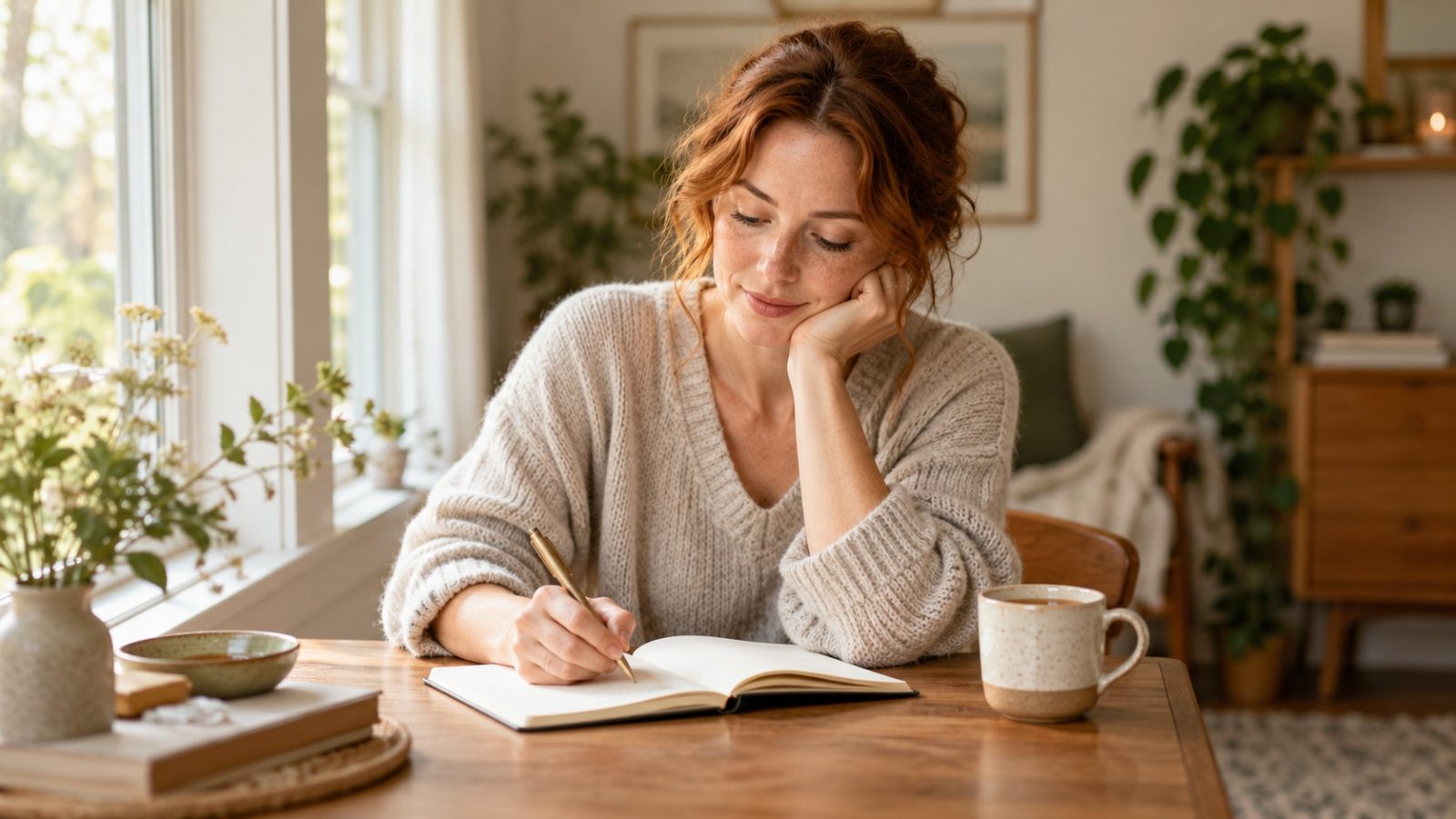 A woman writing in a notebook at a sunny desk with a mug beside her, keeping notes on ovulation and irregular periods