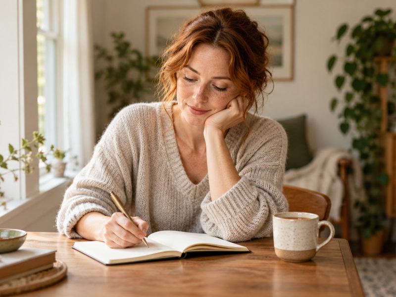 A woman writing in a notebook at a sunny desk with a mug beside her, keeping notes on ovulation and irregular periods