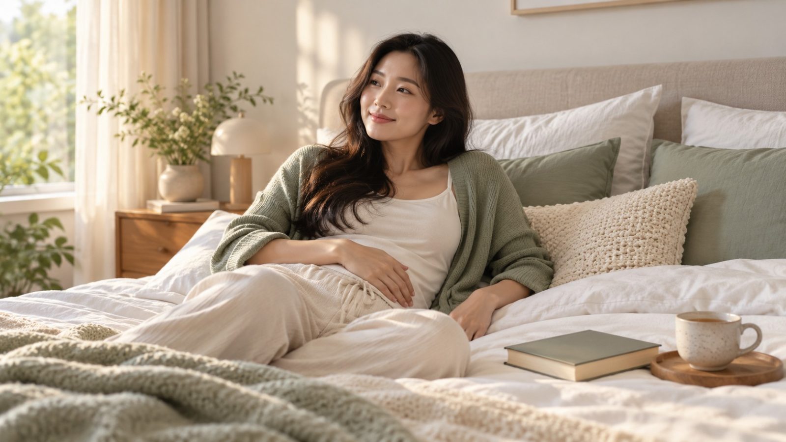 A woman reclining on her bed with a hand on her lower belly and tea beside her, resting through ovulation pain