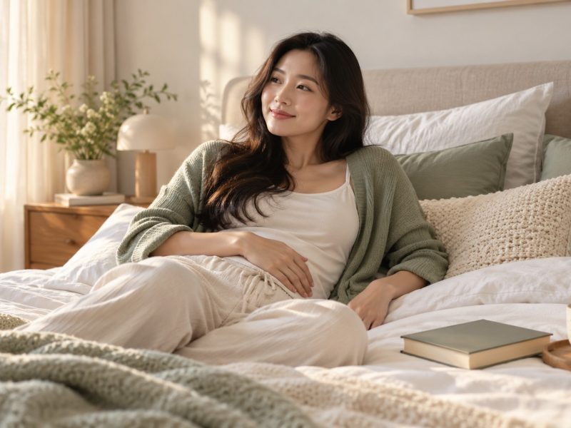 A woman reclining on her bed with a hand on her lower belly and tea beside her, resting through ovulation pain