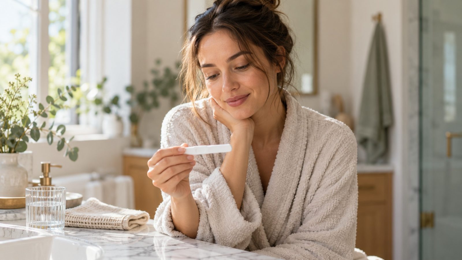A woman in a bathrobe at the bathroom counter smiling at a test strip from one of her ovulation predictor kits