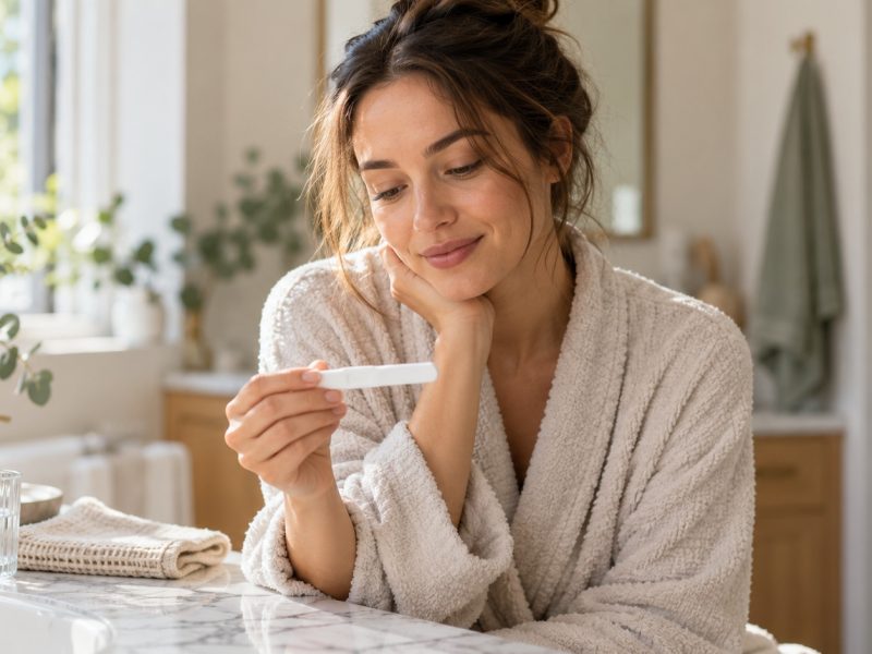 A woman in a bathrobe at the bathroom counter smiling at a test strip from one of her ovulation predictor kits