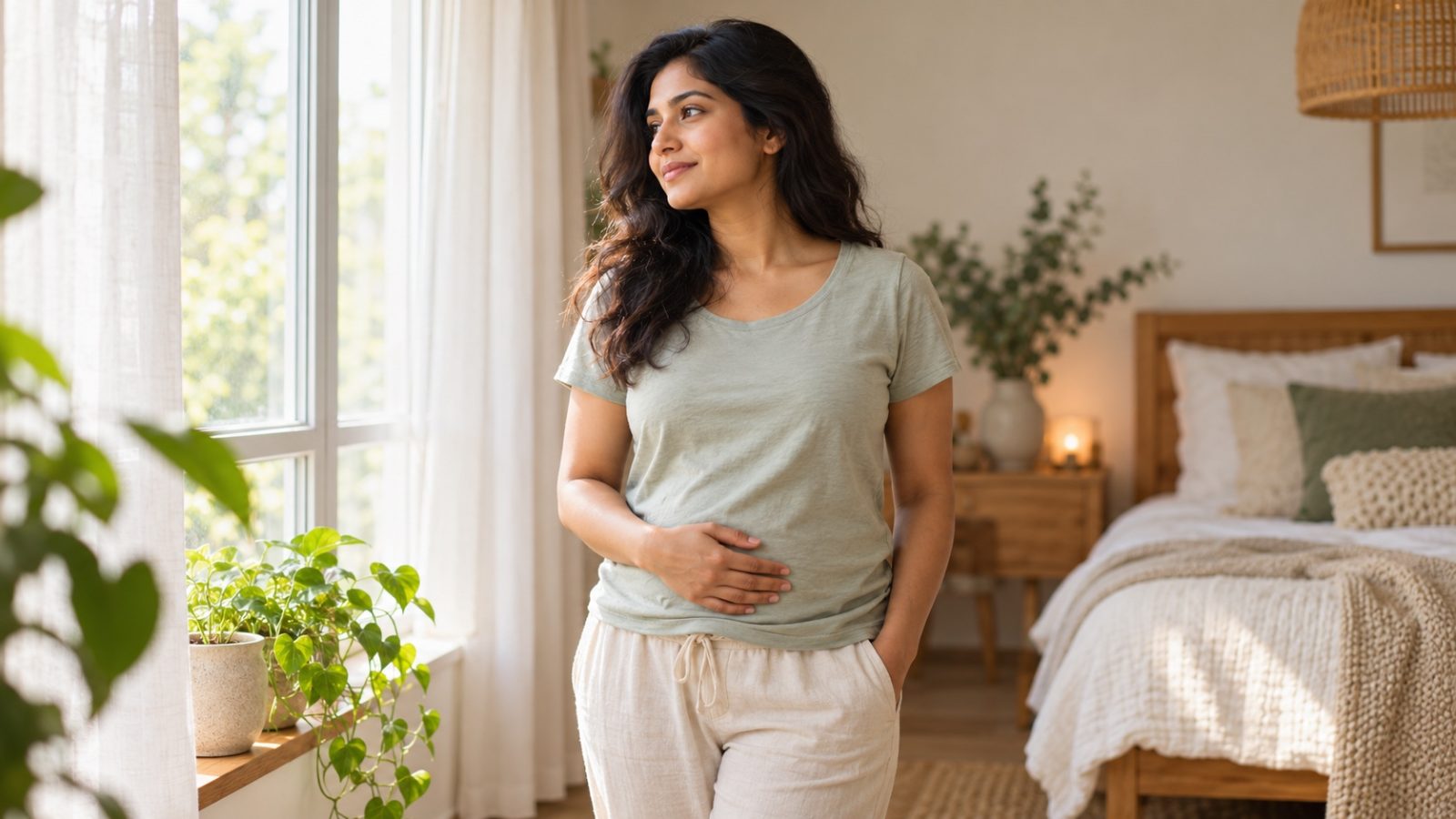 A woman by a bright bedroom window with one hand on her lower belly, paying attention to ovulation symptoms