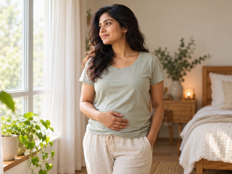 A woman by a bright bedroom window with one hand on her lower belly, paying attention to ovulation symptoms