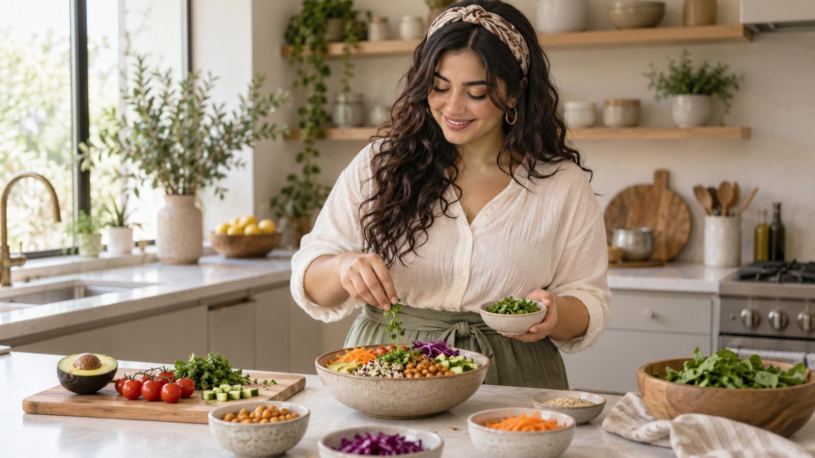 A woman sprinkling herbs on a colorful grain bowl at a kitchen counter, cooking with PCOS and pregnancy in mind