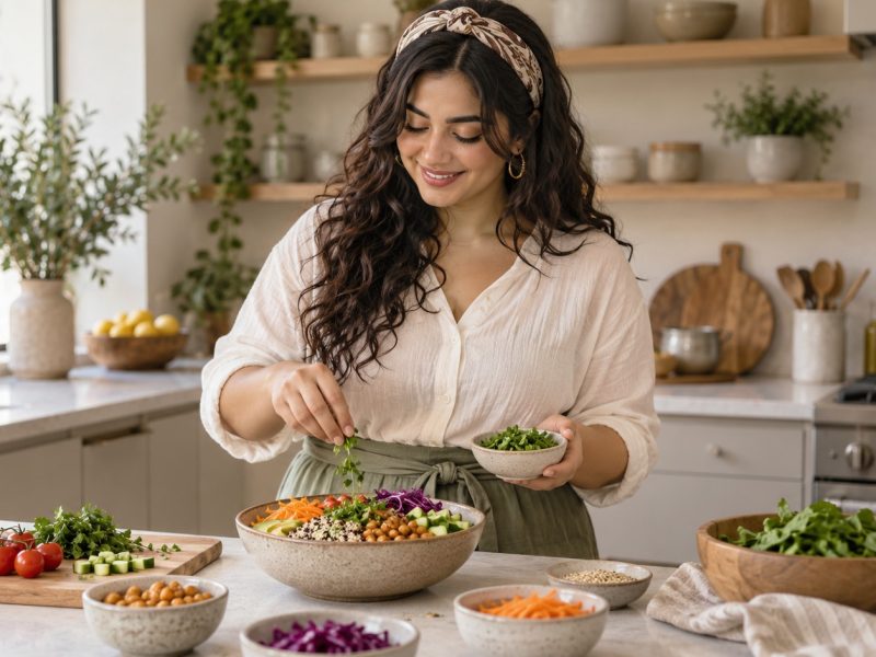A woman sprinkling herbs on a colorful grain bowl at a kitchen counter, cooking with PCOS and pregnancy in mind