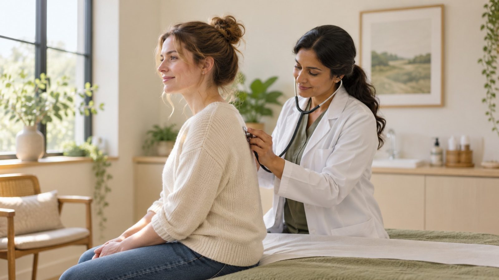 A doctor listening to a seated woman's back with a stethoscope at a preconception checkup