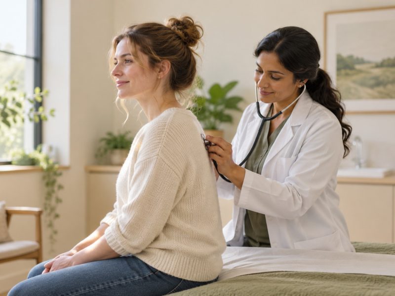 A doctor listening to a seated woman's back with a stethoscope at a preconception checkup