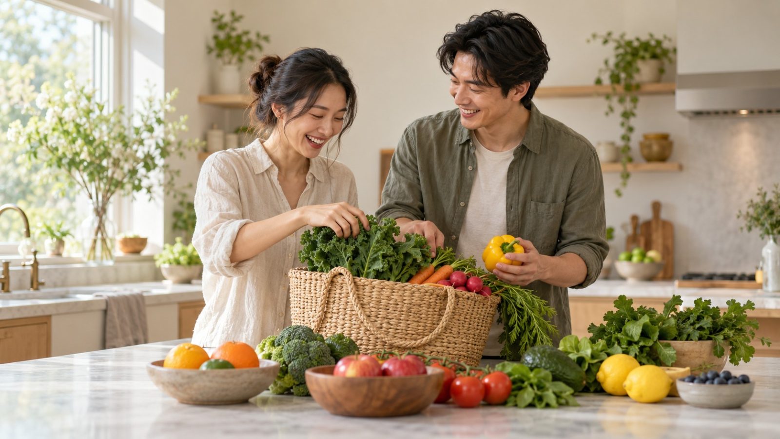 A couple unpacking a basket of fresh vegetables and fruit at a kitchen island, focused on preconception health