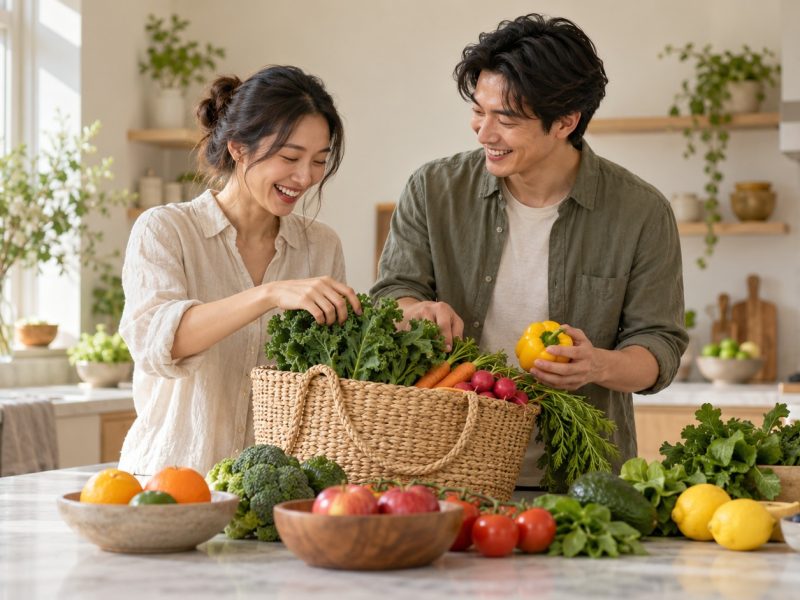 A couple unpacking a basket of fresh vegetables and fruit at a kitchen island, focused on preconception health