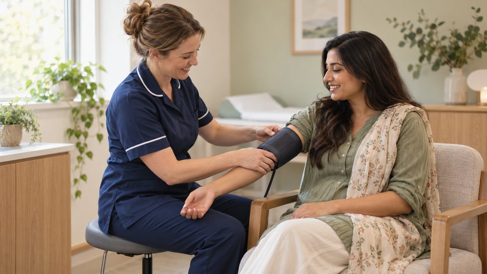 A midwife fitting a blood pressure cuff on a smiling woman, one of the routine checks along the pregnancy timeline