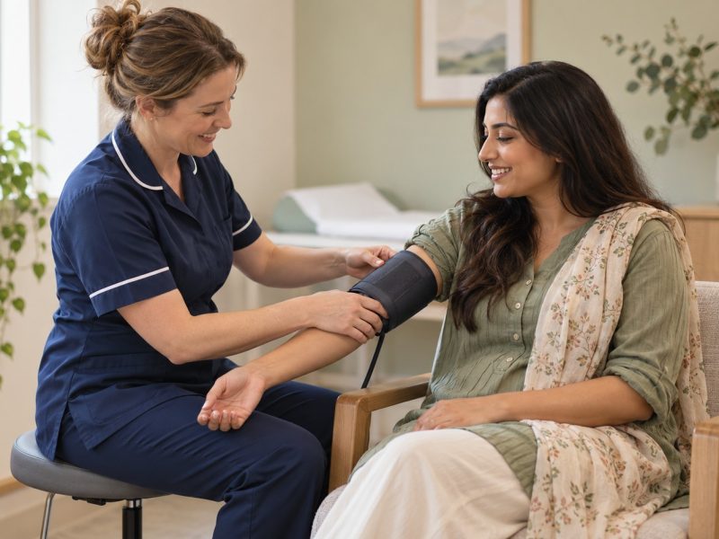 A midwife fitting a blood pressure cuff on a smiling woman, one of the routine checks along the pregnancy timeline