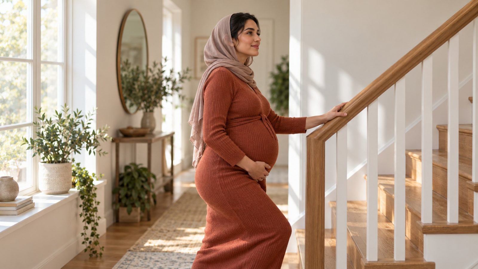 A pregnant woman in a headscarf and rust dress walking up the stairs at home as she moves through the pregnancy trimesters
