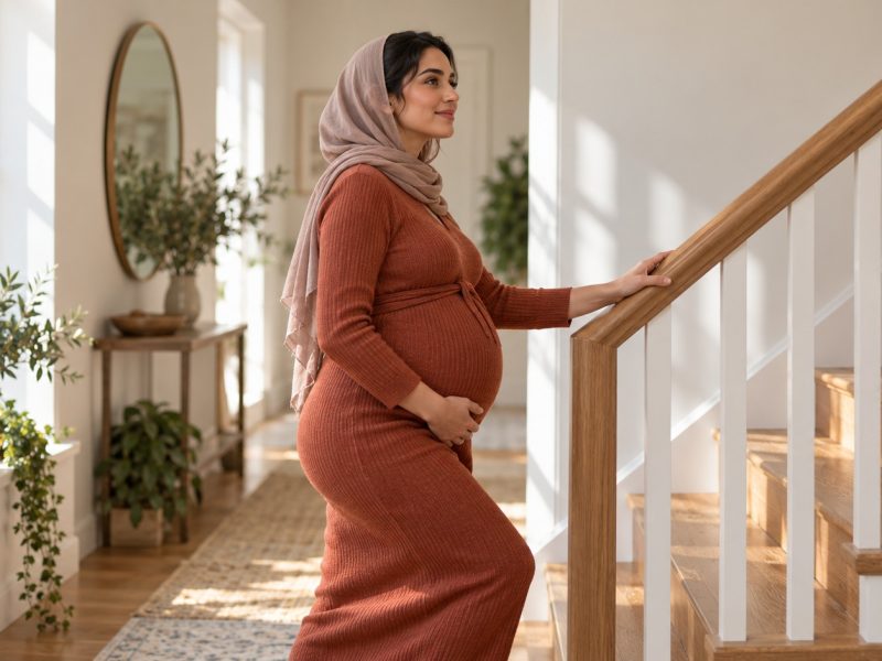 A pregnant woman in a headscarf and rust dress walking up the stairs at home as she moves through the pregnancy trimesters