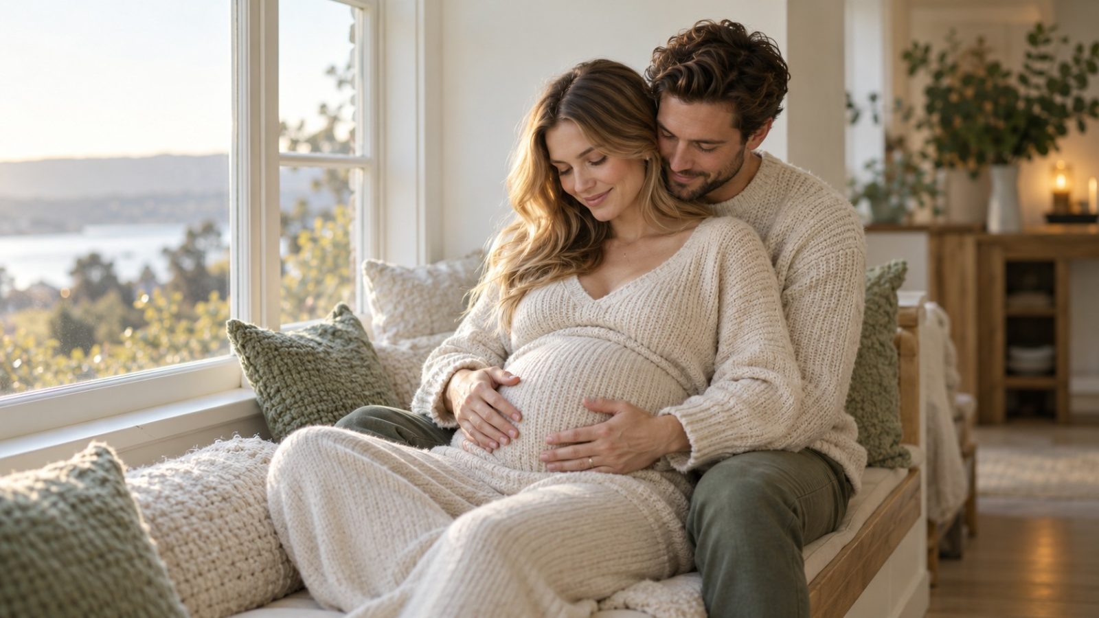 A pregnant woman leaning back against her partner on a window seat as they follow her pregnancy week by week