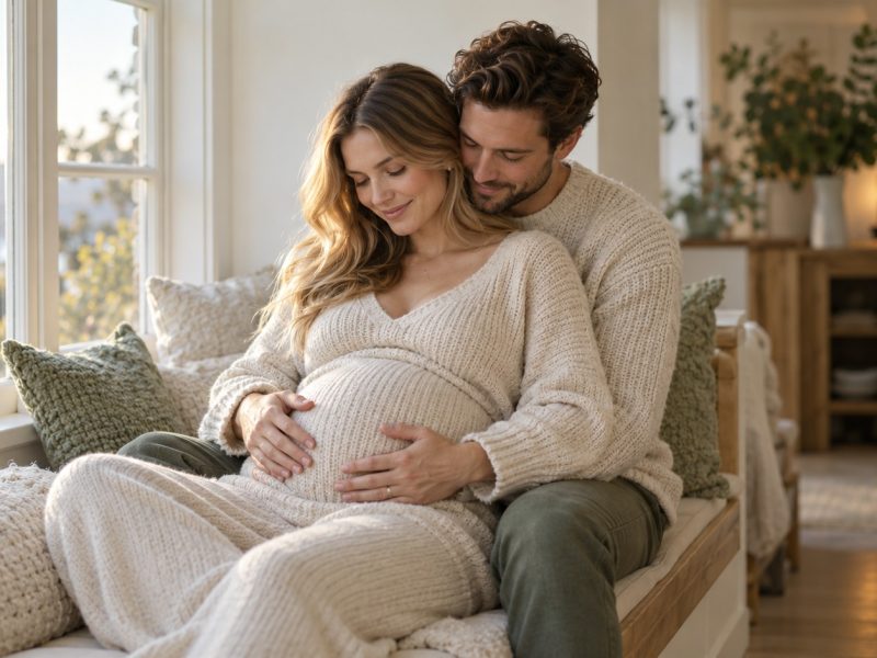A pregnant woman leaning back against her partner on a window seat as they follow her pregnancy week by week