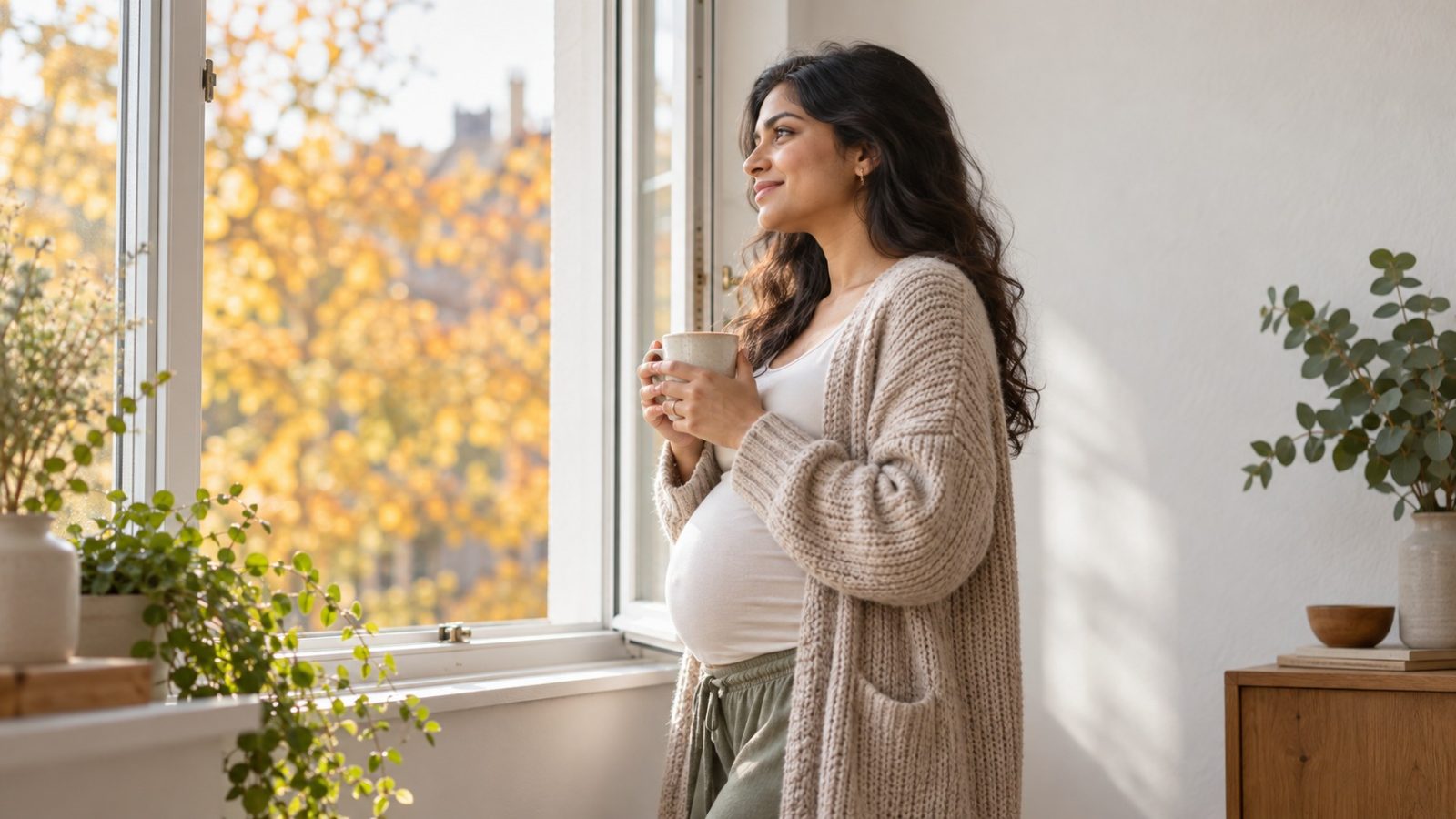 A pregnant woman with a mug at an open window, watching the autumn trees as she counts pregnancy weeks to months