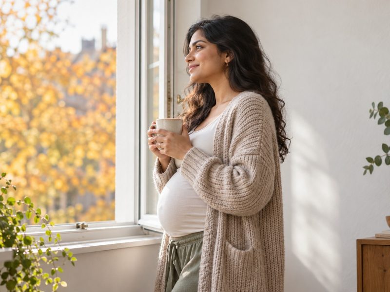 A pregnant woman with a mug at an open window, watching the autumn trees as she counts pregnancy weeks to months