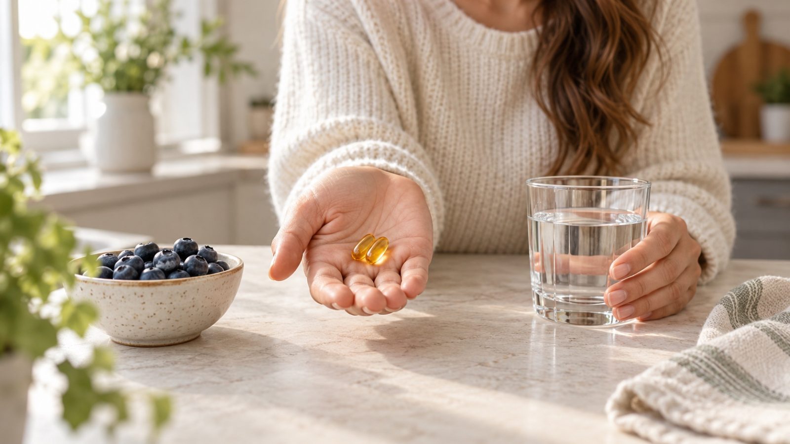 An open hand holding two golden softgel prenatal vitamins beside a glass of water and a bowl of blueberries