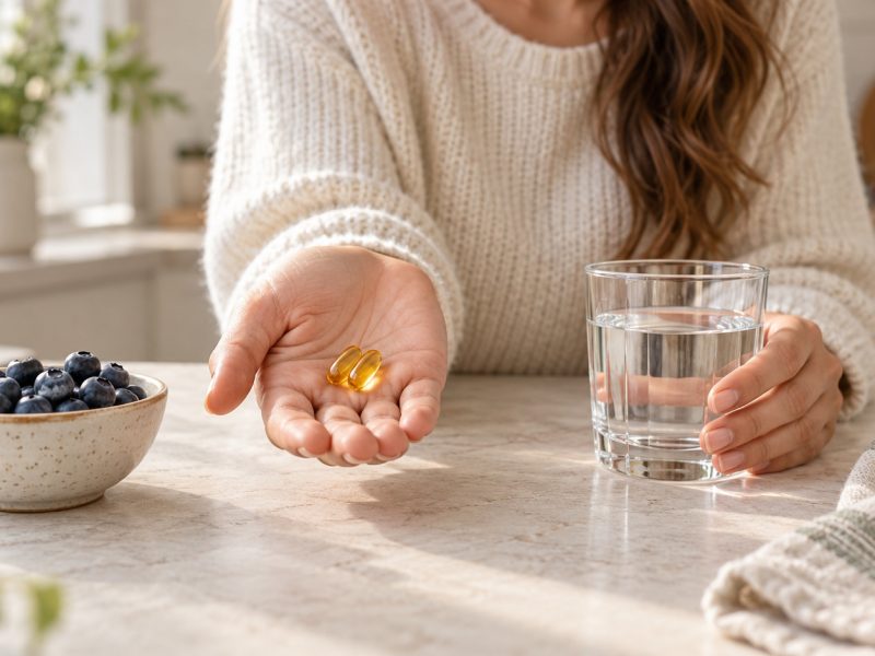 An open hand holding two golden softgel prenatal vitamins beside a glass of water and a bowl of blueberries