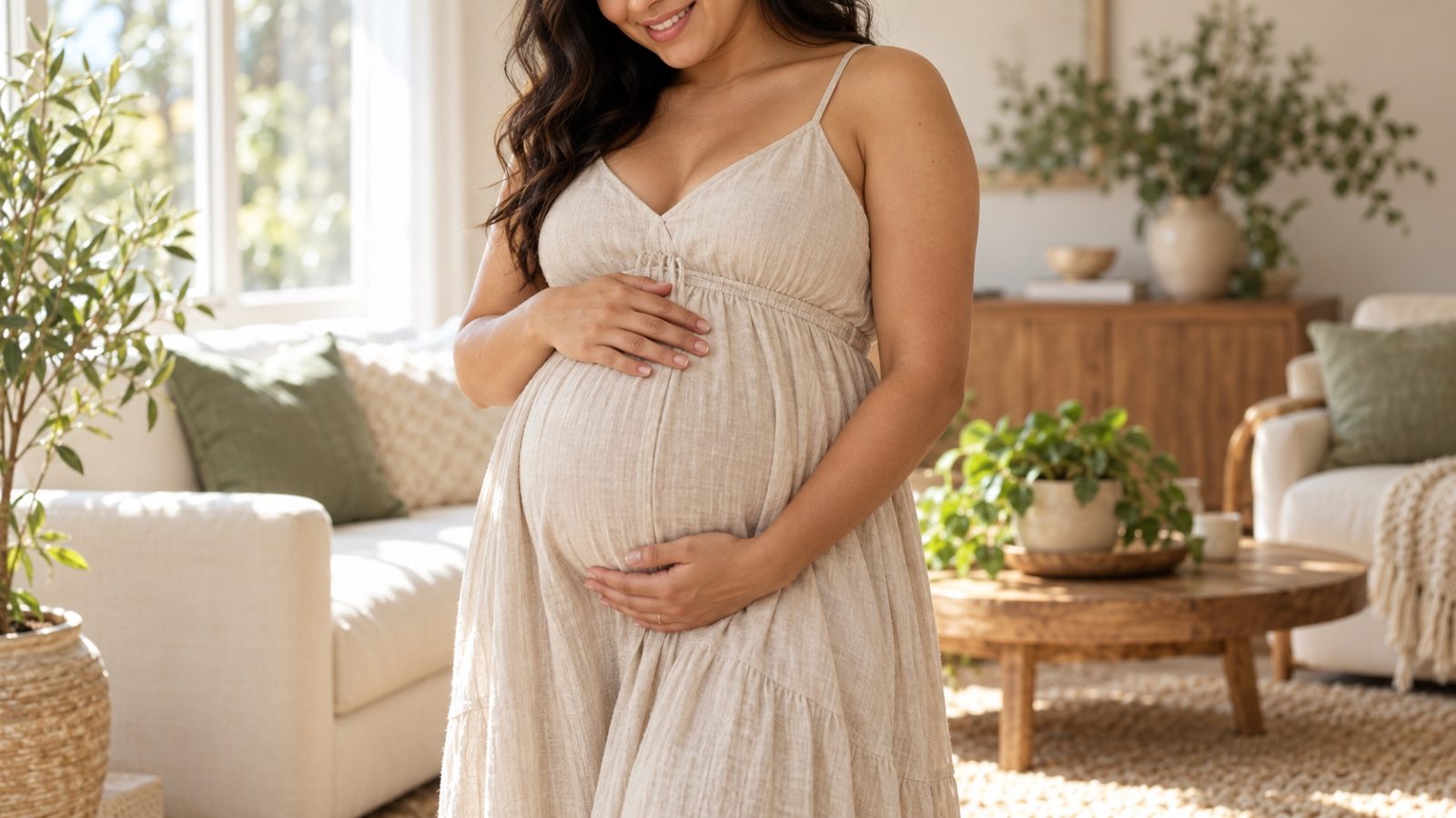 A pregnant woman in a linen dress holding her bump in a sunlit living room during her second trimester