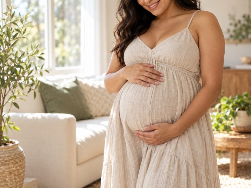 A pregnant woman in a linen dress holding her bump in a sunlit living room during her second trimester