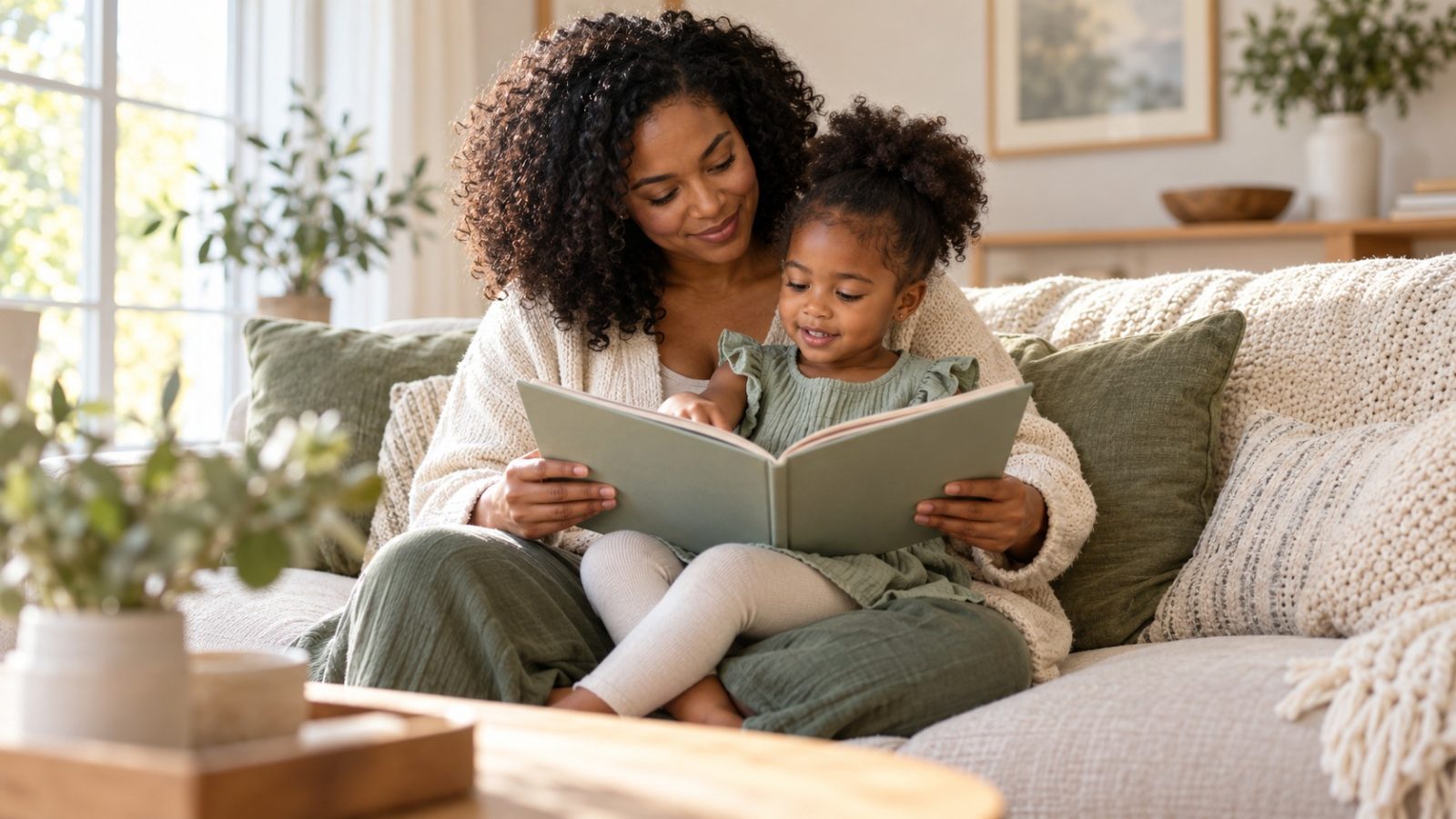 A mother reading a picture book with her young daughter on her lap; secondary infertility can happen after a first child