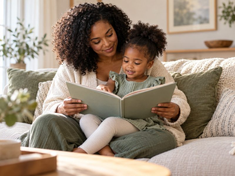 A mother reading a picture book with her young daughter on her lap; secondary infertility can happen after a first child