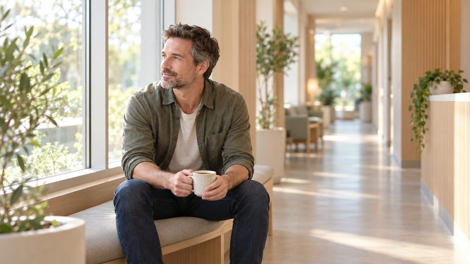 A man with a coffee sitting on a bench in a bright clinic corridor, waiting for his semen analysis
