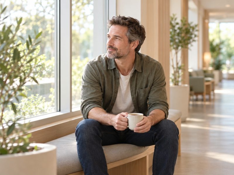 A man with a coffee sitting on a bench in a bright clinic corridor, waiting for his semen analysis