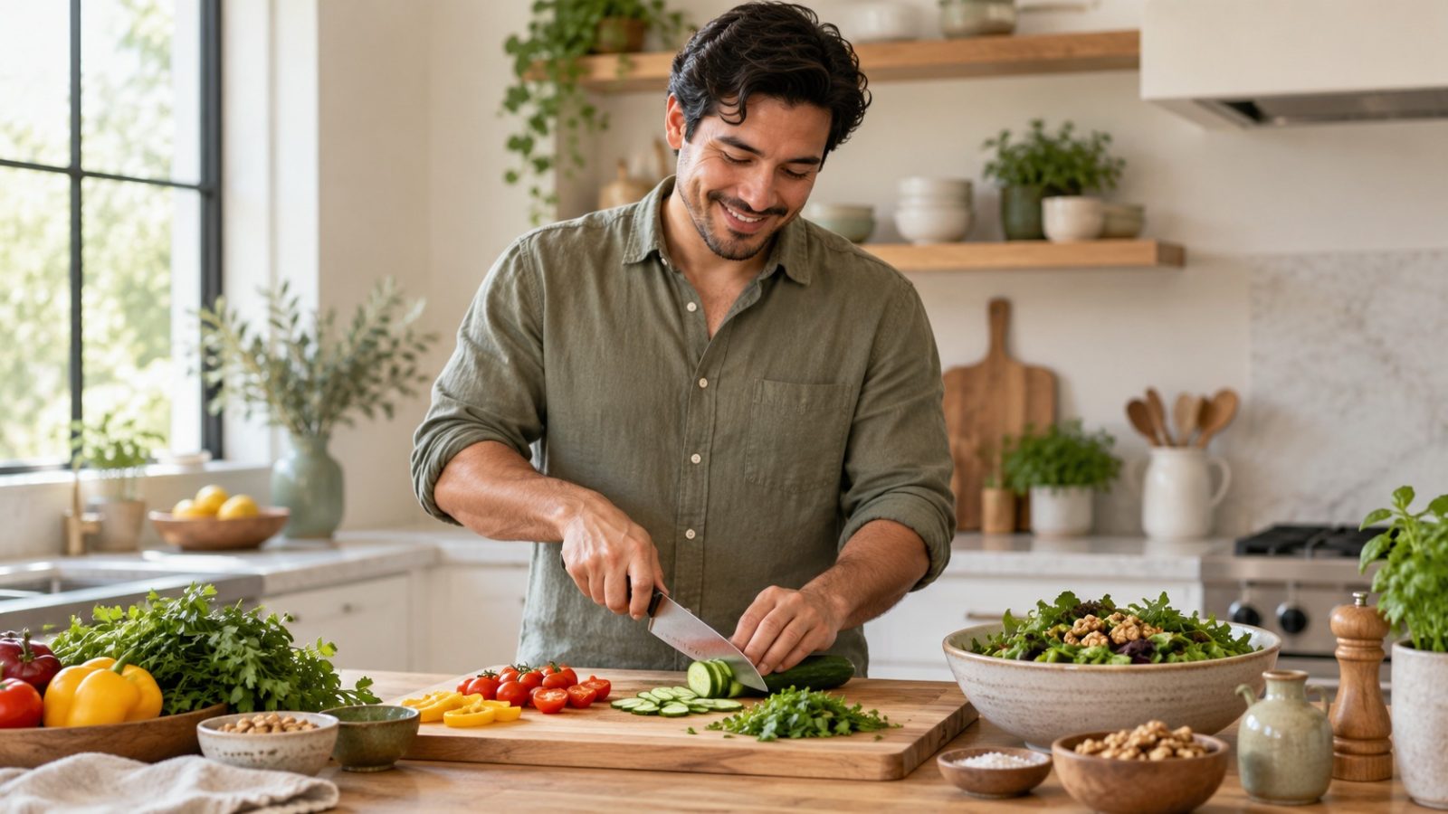 A man chopping vegetables for a salad in a bright kitchen, with nuts on the side, cooking with sperm health in mind