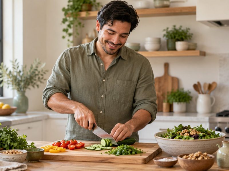 A man chopping vegetables for a salad in a bright kitchen, with nuts on the side, cooking with sperm health in mind