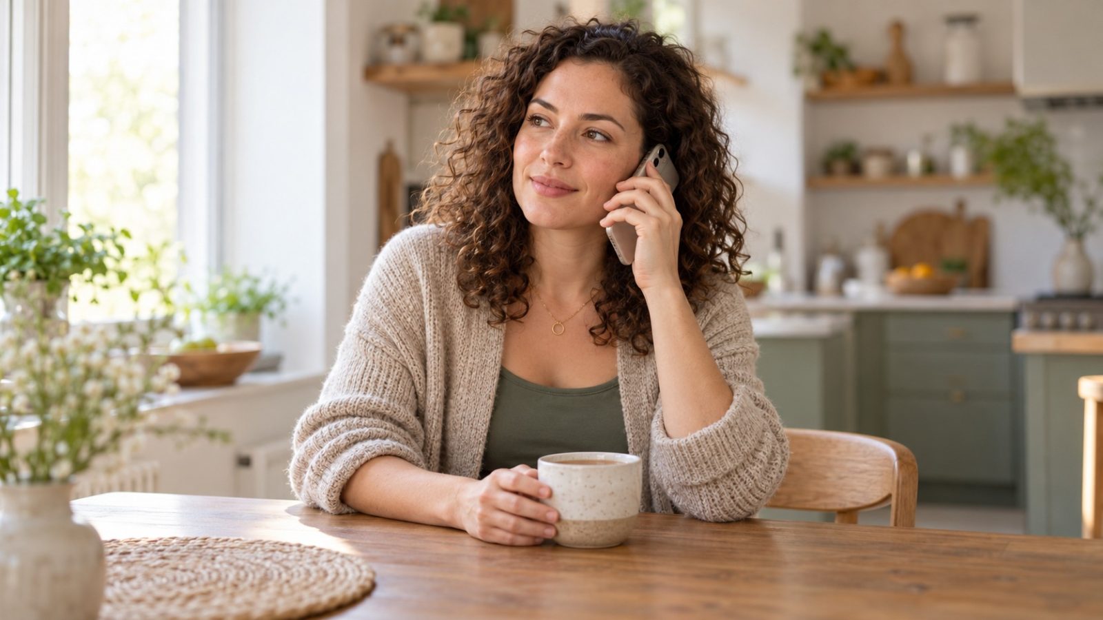 A woman on the phone at a kitchen table with a mug in front of her, calling for advice about spotting during pregnancy