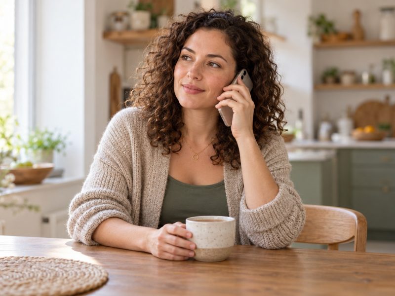 A woman on the phone at a kitchen table with a mug in front of her, calling for advice about spotting during pregnancy