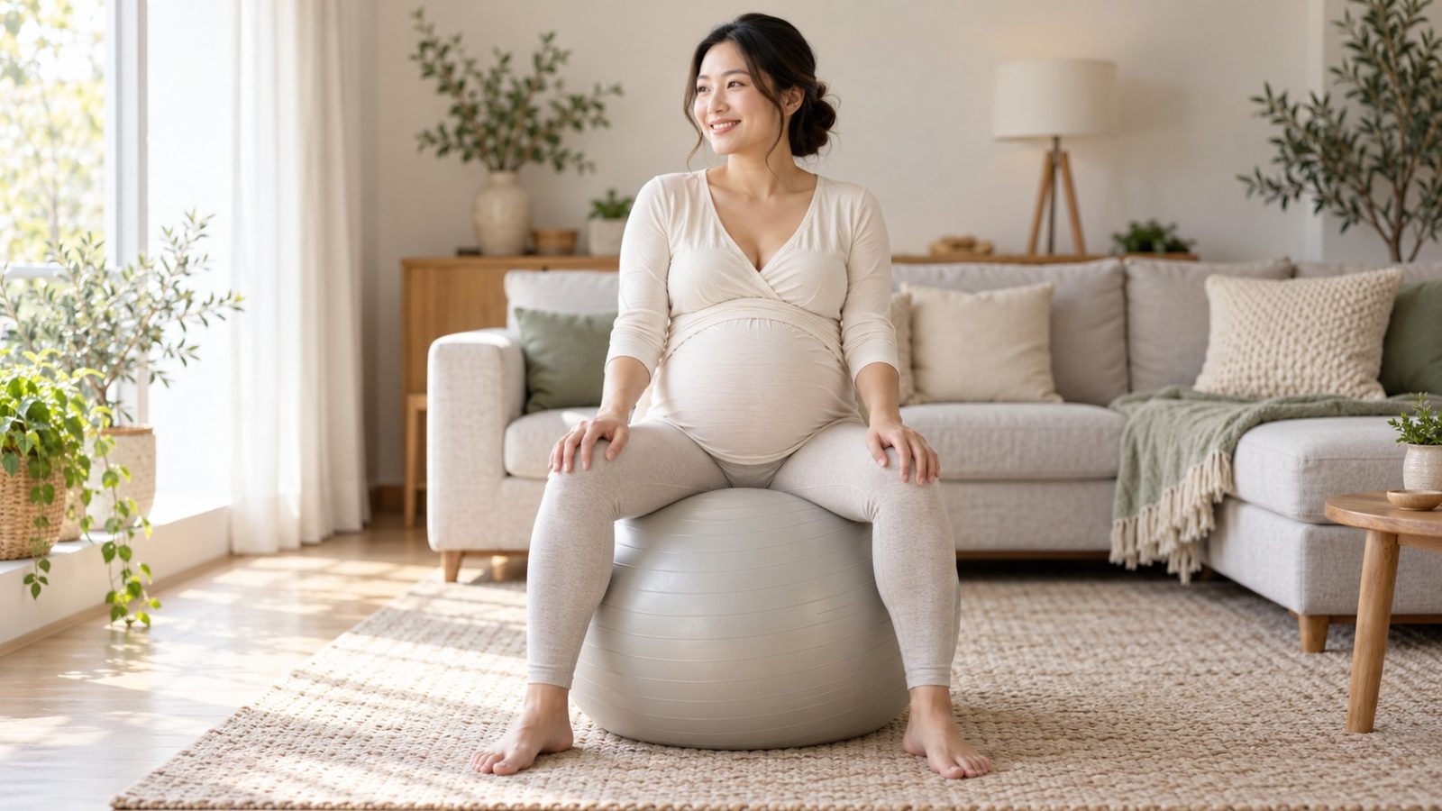 A pregnant woman sitting on an exercise ball in a bright living room during her third trimester