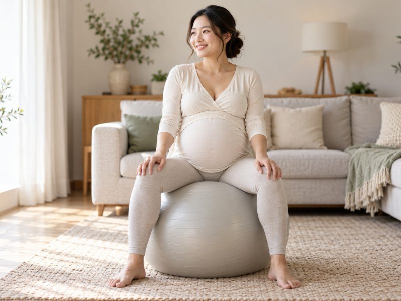 A pregnant woman sitting on an exercise ball in a bright living room during her third trimester