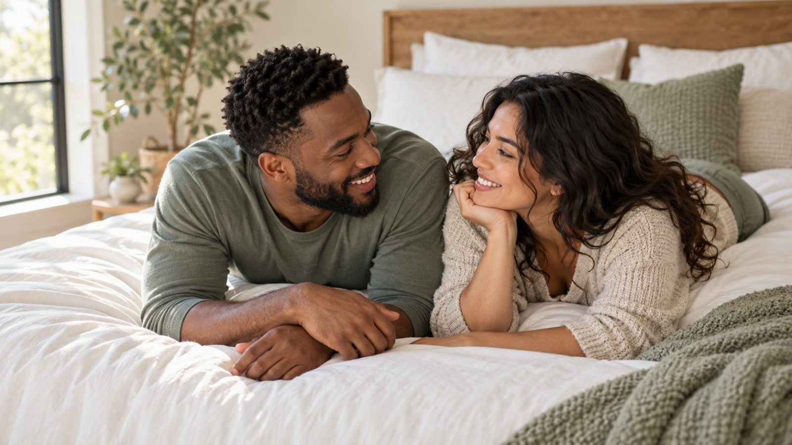 A smiling couple lying face to face on a made bed, wondering: when does implantation occur?