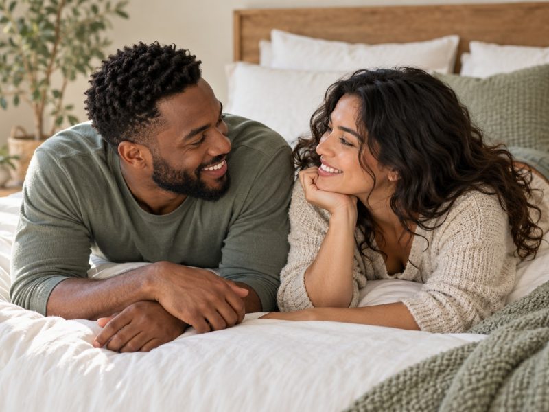 A smiling couple lying face to face on a made bed, wondering: when does implantation occur?