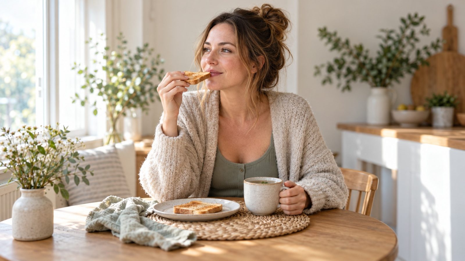 A woman eating dry toast with a mug of tea at the breakfast table, asking: when does morning sickness start?