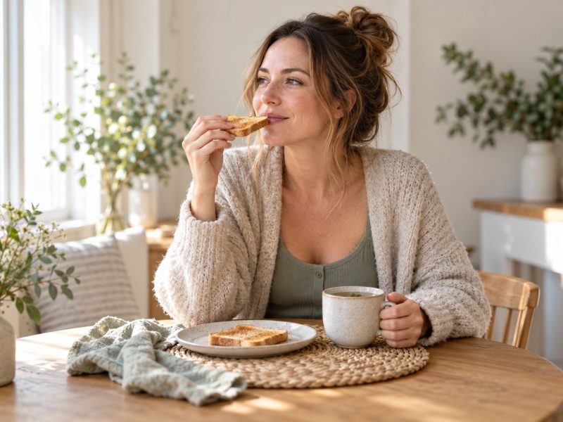 A woman eating dry toast with a mug of tea at the breakfast table, asking: when does morning sickness start?
