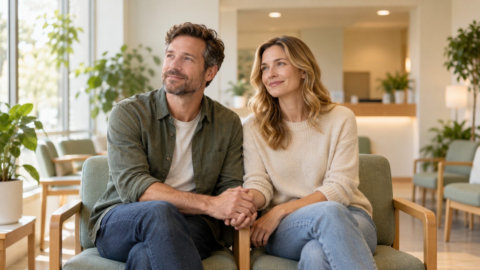 A couple holding hands in a clinic waiting room, having worked out when to see a doctor about fertility