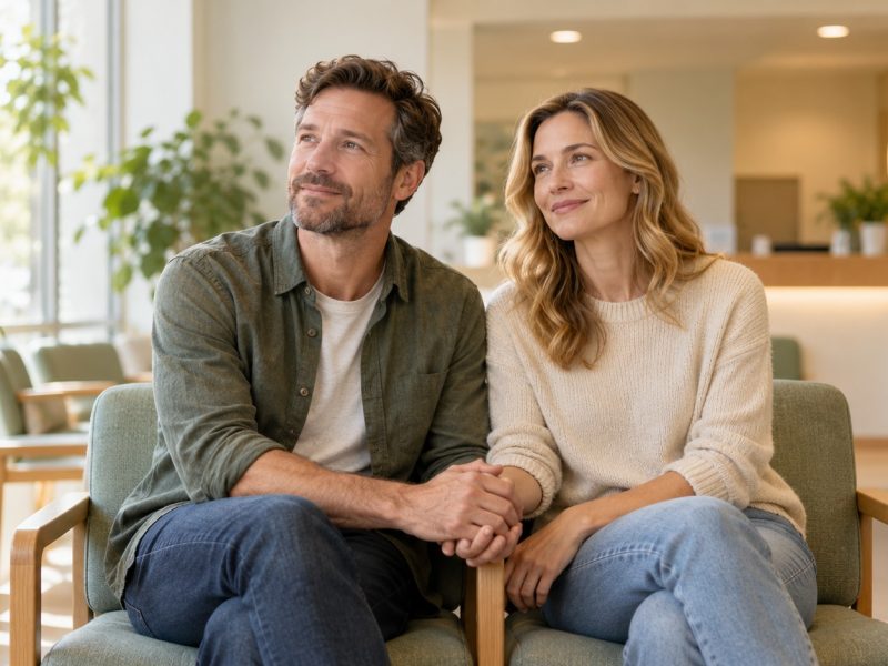 A couple holding hands in a clinic waiting room, having worked out when to see a doctor about fertility