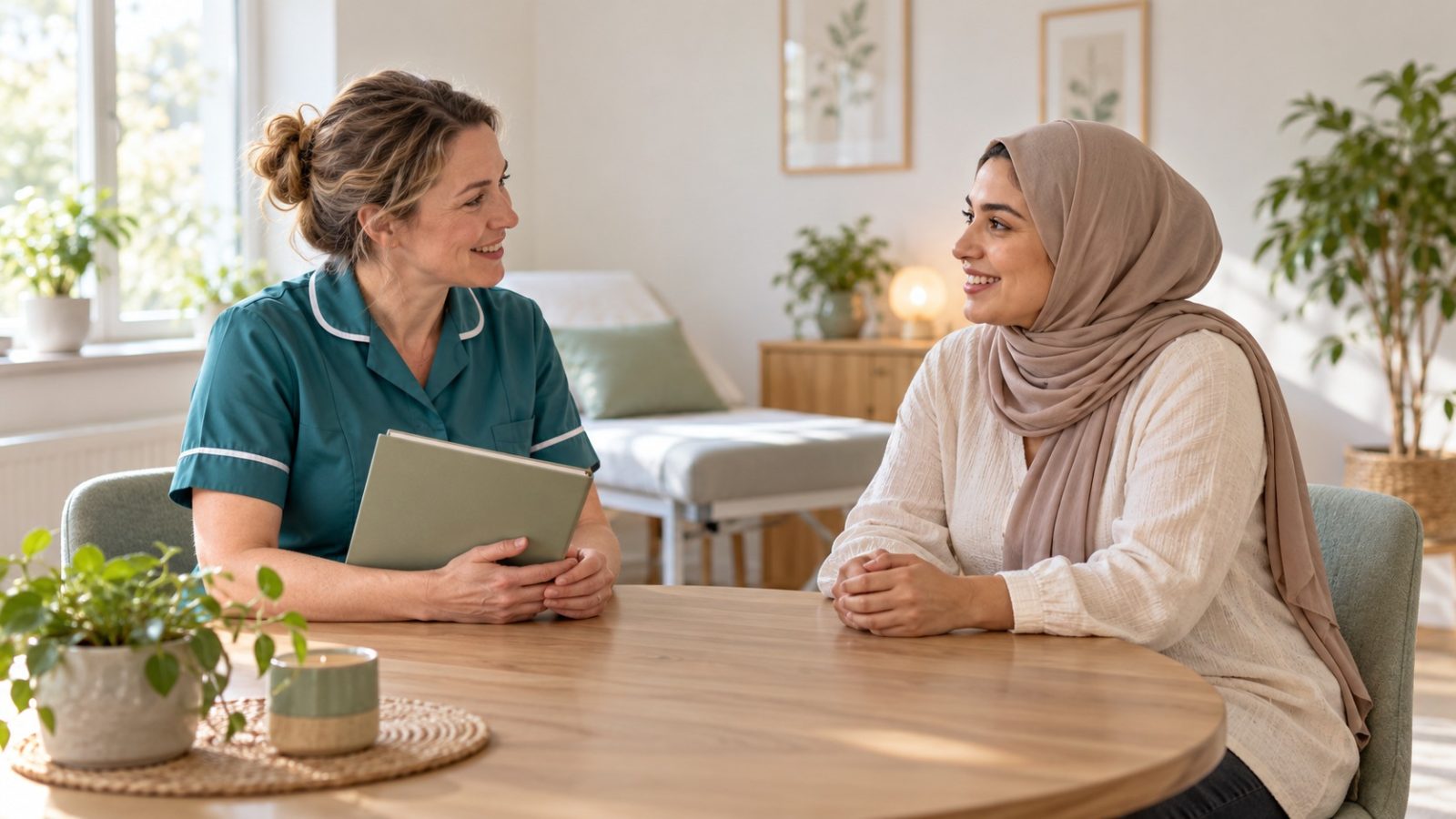 A woman in a headscarf who is 10 weeks pregnant talking with a midwife across a table in a bright clinic room