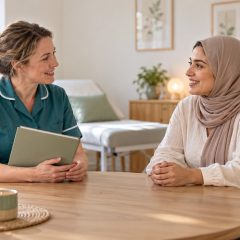 A woman in a headscarf who is 10 weeks pregnant talking with a midwife across a table in a bright clinic room