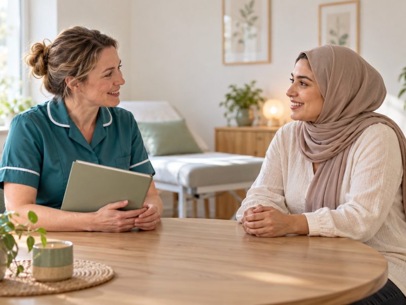 A woman in a headscarf who is 10 weeks pregnant talking with a midwife across a table in a bright clinic room