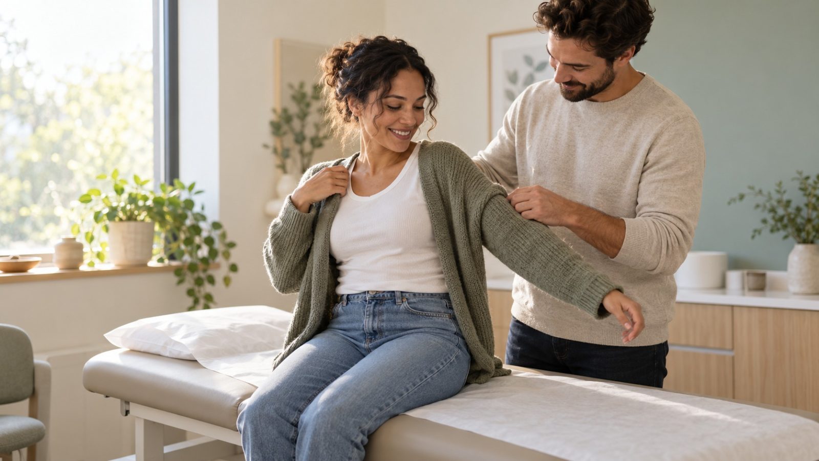 A woman who is 11 weeks pregnant sitting on an exam table as her partner helps her into her cardigan
