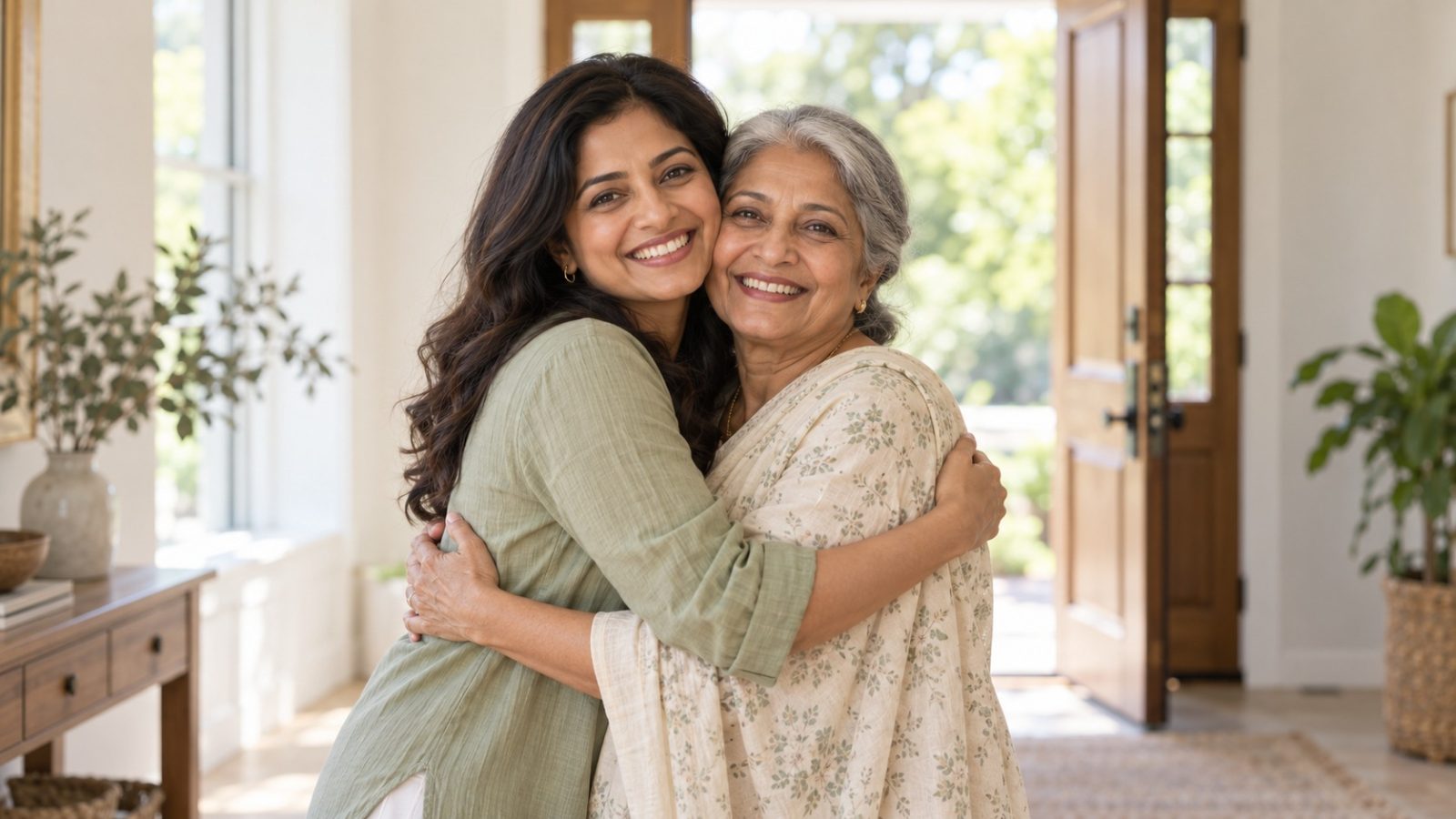 A woman who is 12 weeks pregnant hugging an older woman in a sunlit entrance hall, both smiling