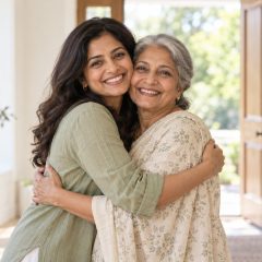 A woman who is 12 weeks pregnant hugging an older woman in a sunlit entrance hall, both smiling