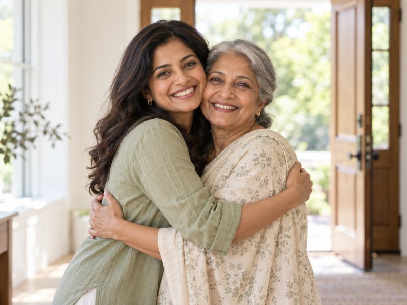 A woman who is 12 weeks pregnant hugging an older woman in a sunlit entrance hall, both smiling
